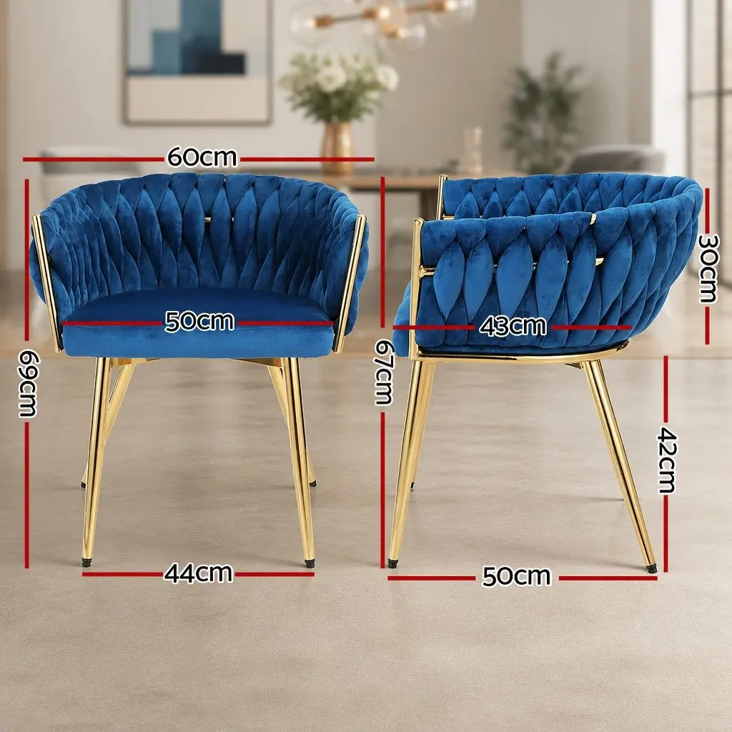 Dining Chairs Set of 2 Blue Velvet Armchair for Kitchen and Dining Room 60cm x 50cm x 69cm