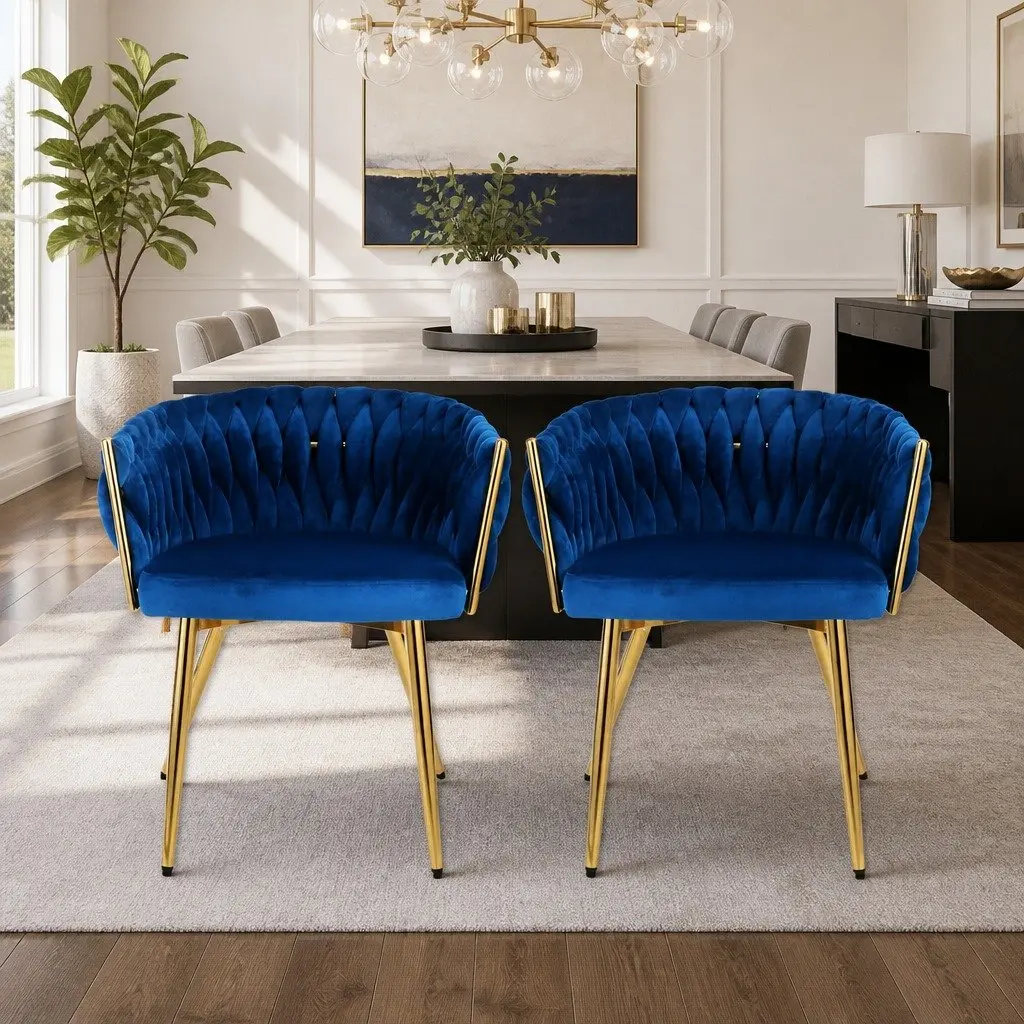 Dining Chairs Set of 2 Blue Velvet Armchair for Kitchen and Dining Room 60cm x 50cm x 69cm