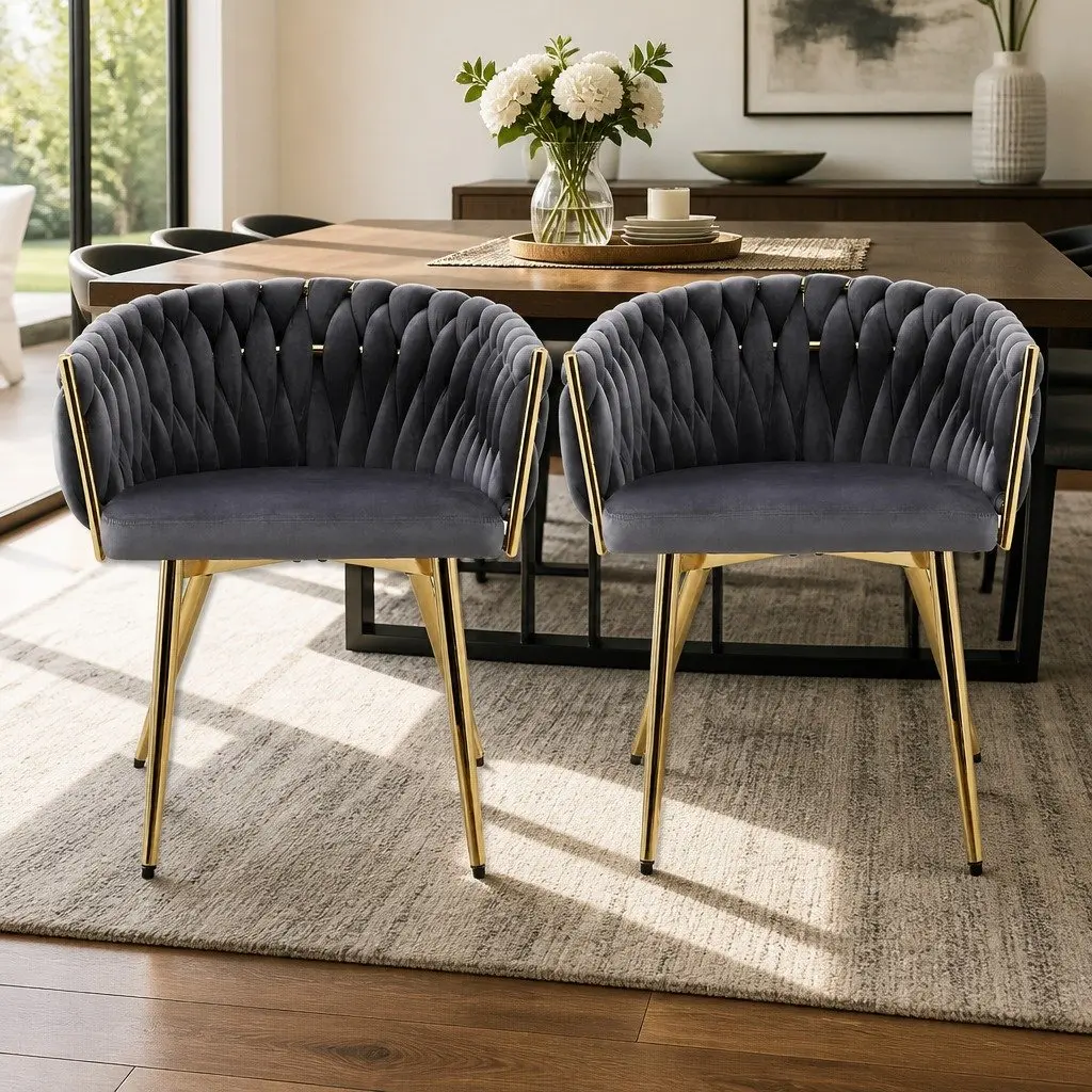 Dining Chairs Set of 2 for Kitchen and Dining Grey Velvet Armchair with Steel Legs