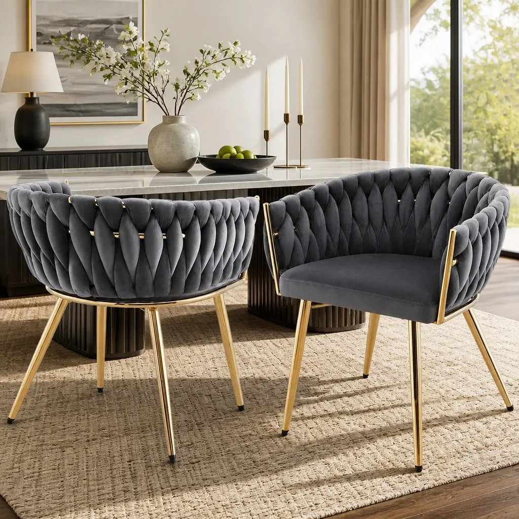 Dining Chairs Set of 2 for Kitchen and Dining Grey Velvet Armchair with Steel Legs