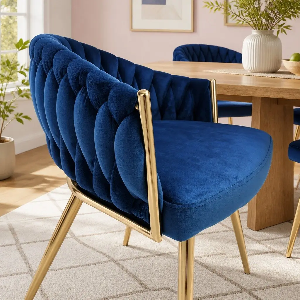 Dining Armchair Velvet Upholstered Hand-Woven Backrest Lounge Accent Chair