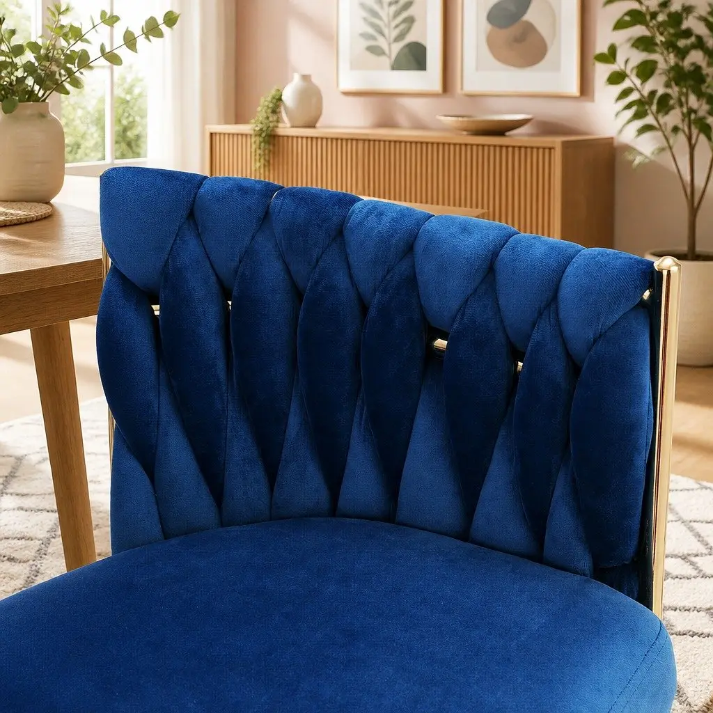 Dining Armchair Velvet Upholstered Hand-Woven Backrest Lounge Accent Chair