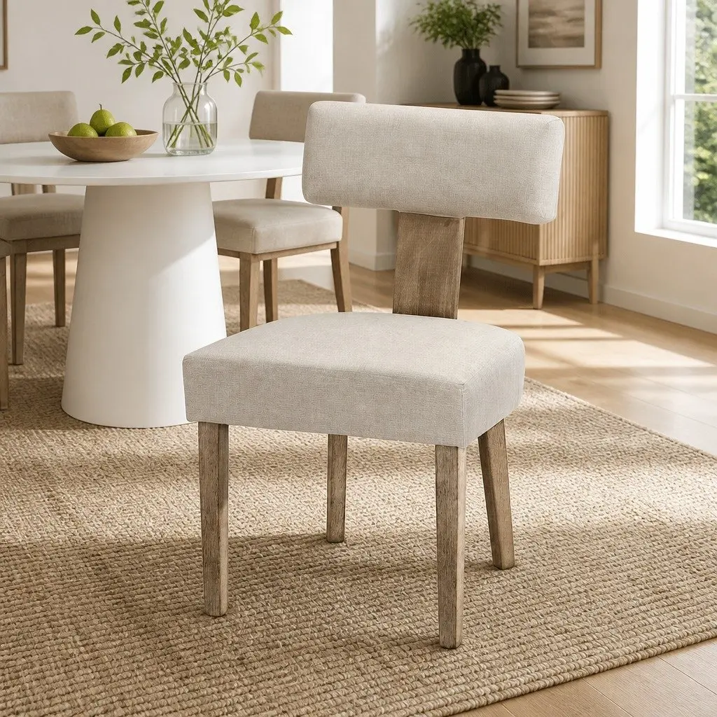 Dining Chairs Set of 2 Beige Linen Fabric Wooden Frame Padded Seat Dining Room
