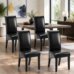 Dining Chairs Set of 2: Black PU Leather, Pinewood Frame