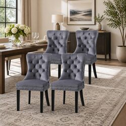Dining Chairs Set of 4 Grey Velvet Button Tufted Kitchen Seat Furniture