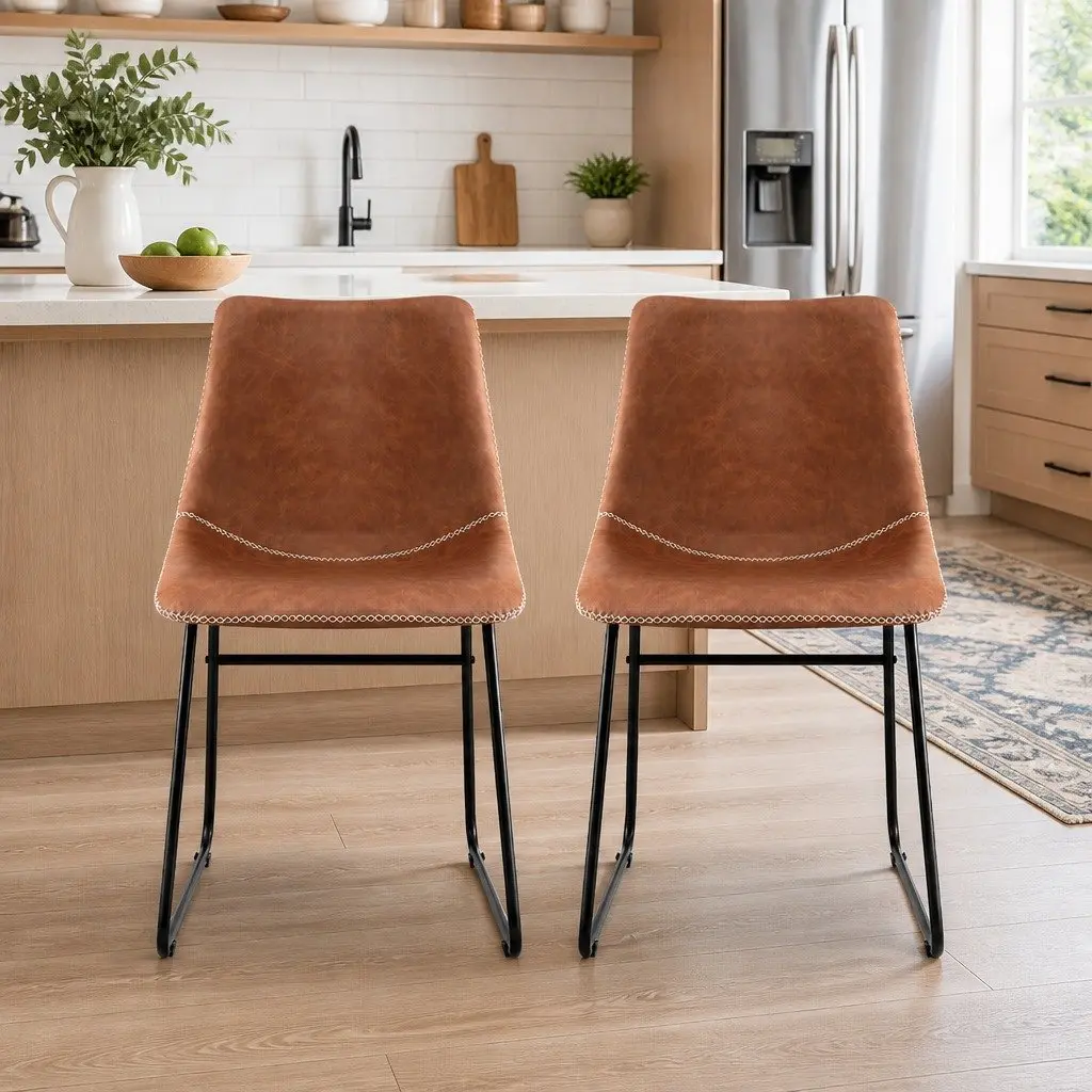 Dining Chairs Kitchen Dining Room Brown PU Leather Retro Style Sled Legs 2 Piece