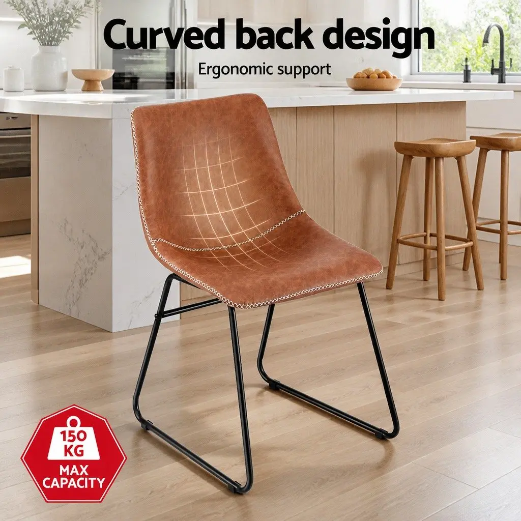 Dining Chairs Kitchen Dining Room Brown PU Leather Retro Style Sled Legs 2 Piece