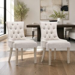 Beige Linen Upholstered Dining Chairs Set of 2