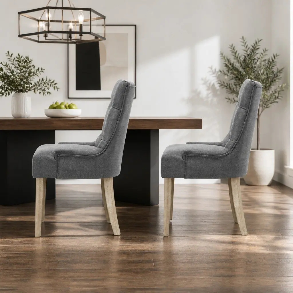Dining Chairs Set of 2 for Dining Room Grey Linen Upholstered with Tufted Button