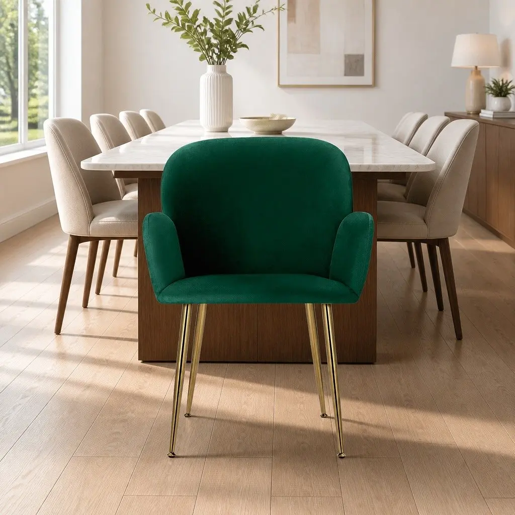 Dining Chairs Set of 2 Velvet Armchair Green Cushioned Back Support Steel Legs