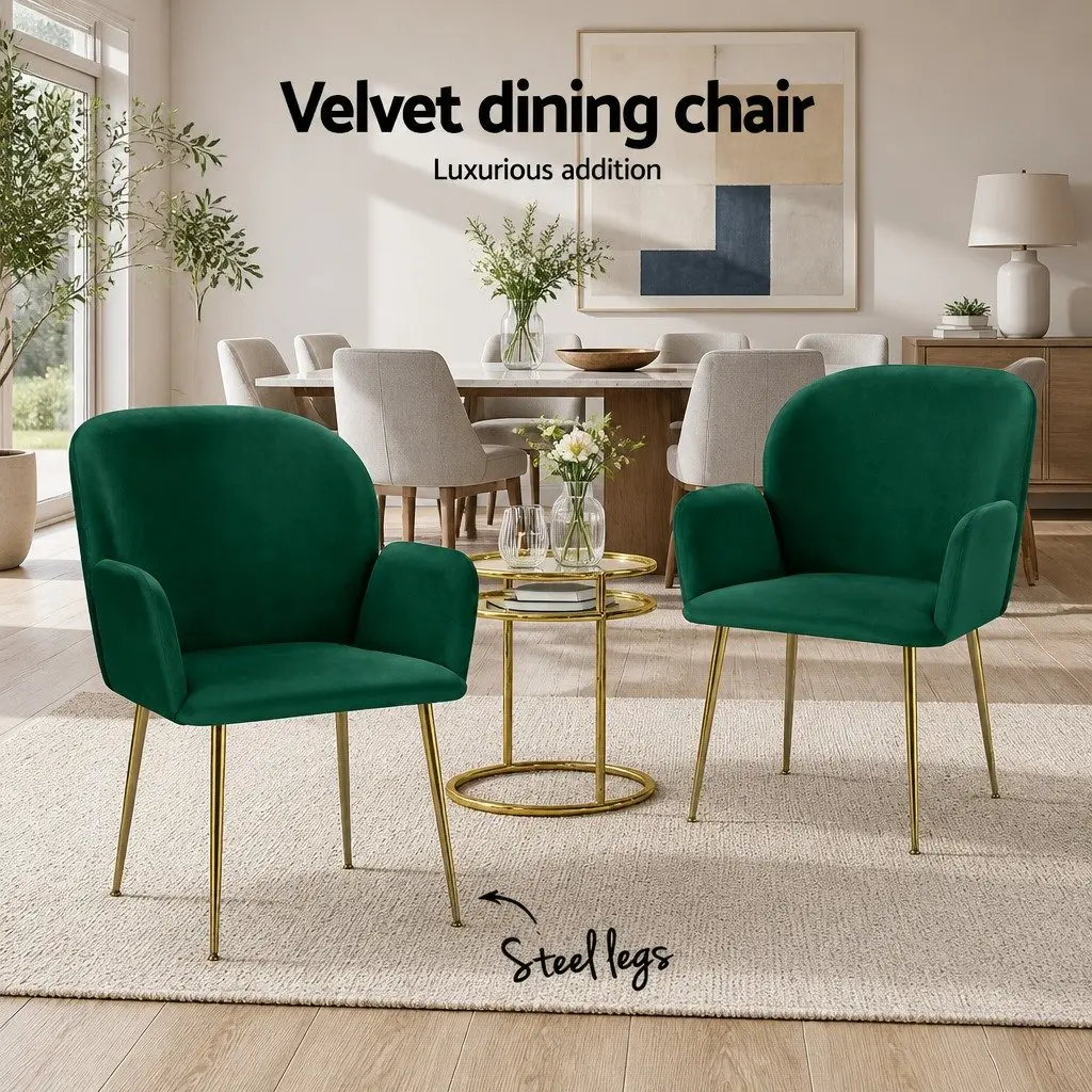 Dining Chairs Set of 2 Velvet Armchair Green Cushioned Back Support Steel Legs