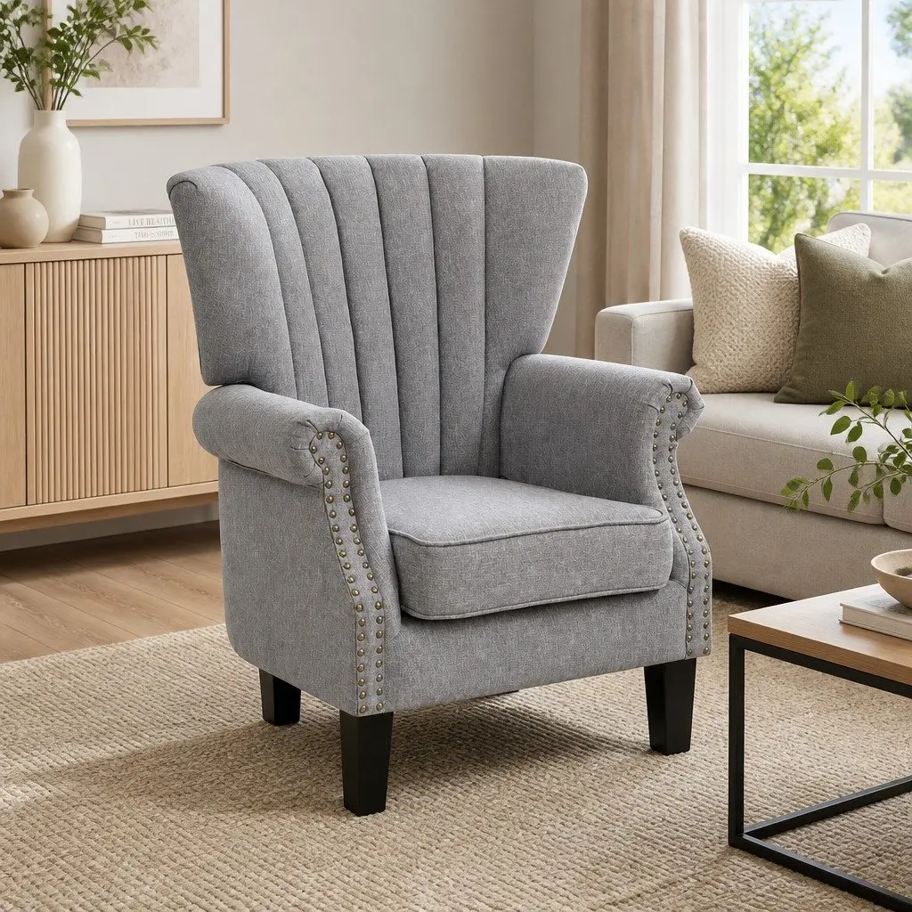 Armchair Wingback Grey Button Studs Waterfall Design Faux Linen Full-Size
