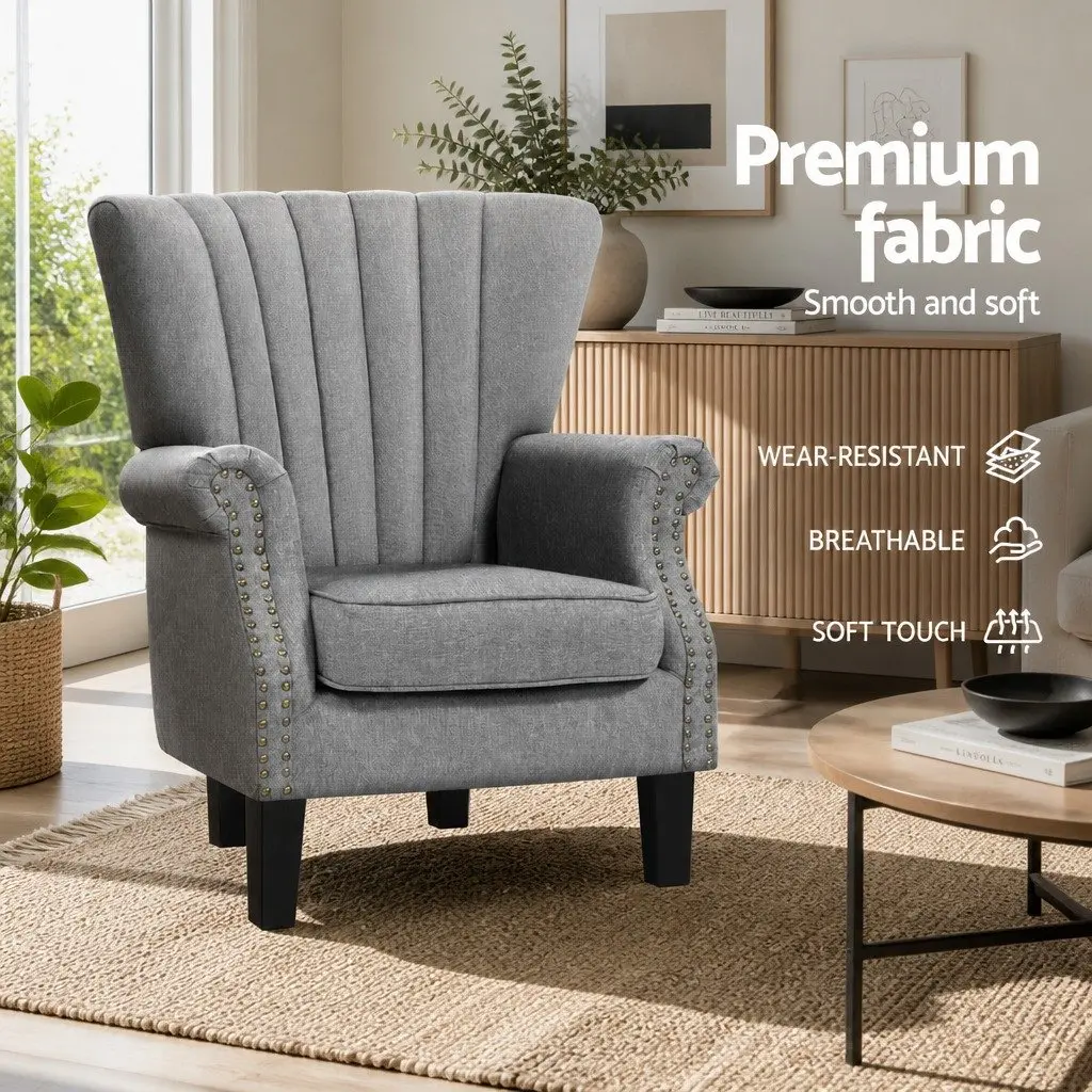Armchair Wingback Grey Button Studs Waterfall Design Faux Linen Full-Size