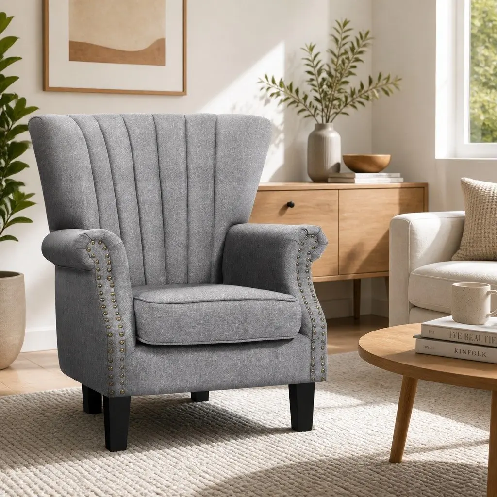 Armchair Wingback Grey Button Studs Waterfall Design Faux Linen Full-Size
