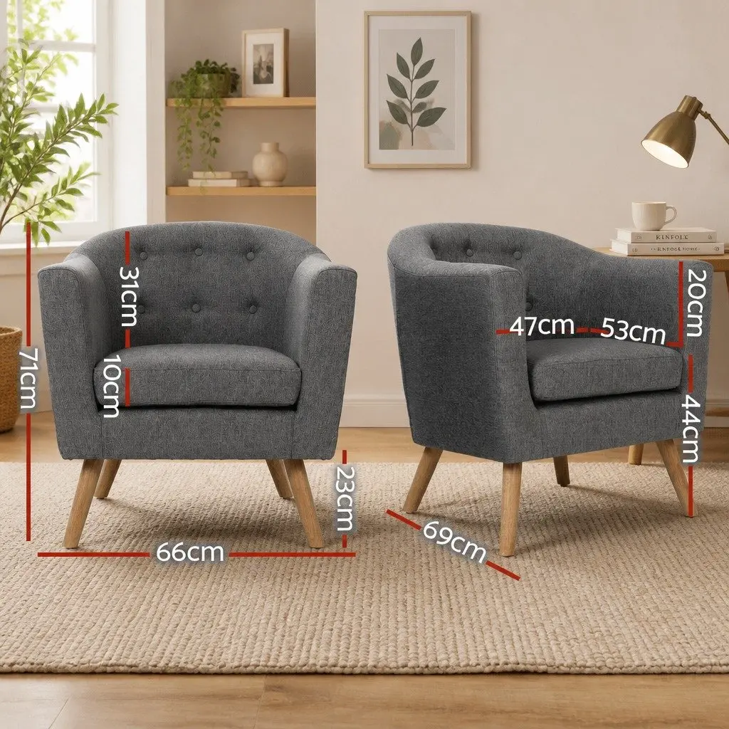 Grey Armchair Tub Chair Tufted Upholstered Lounge Seat Wooden Frame Foam Padding