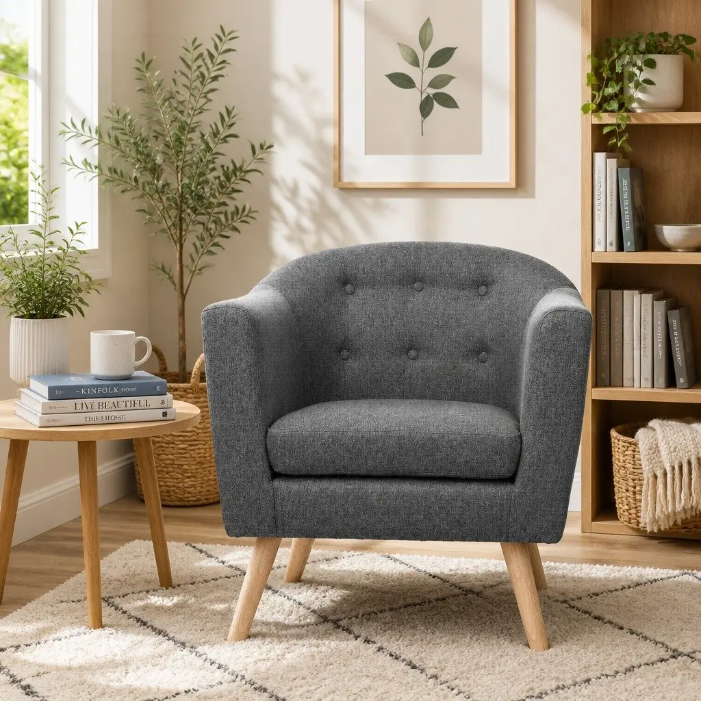 Grey Armchair Tub Chair Tufted Upholstered Lounge Seat Wooden Frame Foam Padding