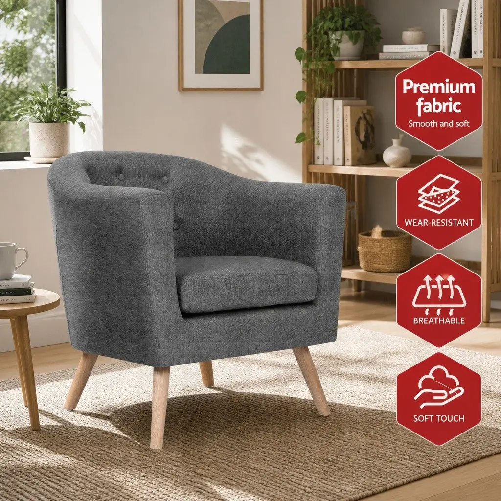 Grey Armchair Tub Chair Tufted Upholstered Lounge Seat Wooden Frame Foam Padding