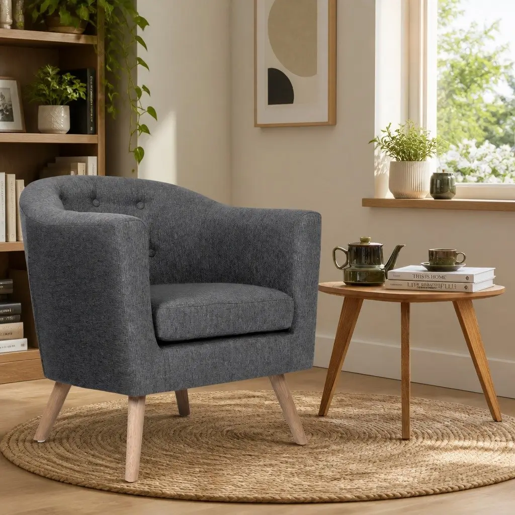 Grey Armchair Tub Chair Tufted Upholstered Lounge Seat Wooden Frame Foam Padding