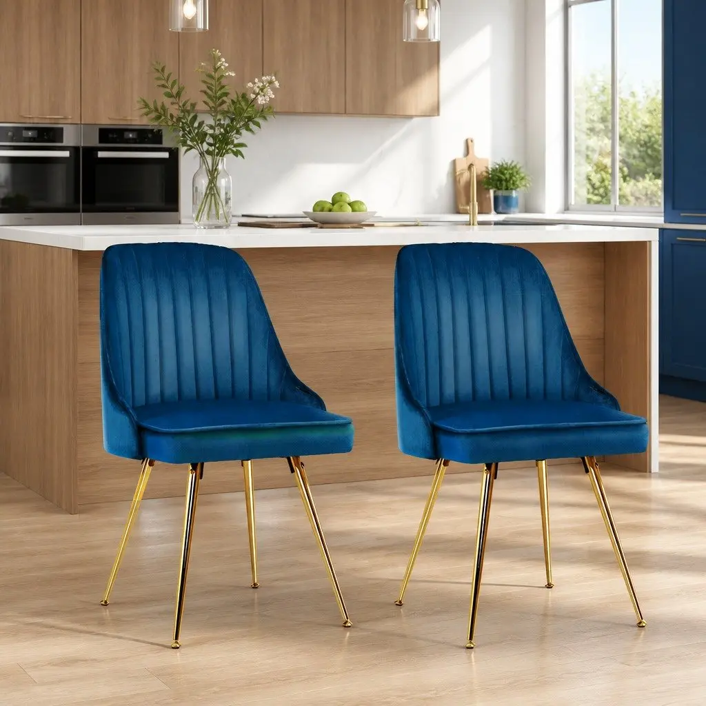 Dining Chairs Set of 2 Blue Velvet Upholstery Channel Tufted for Dining Room