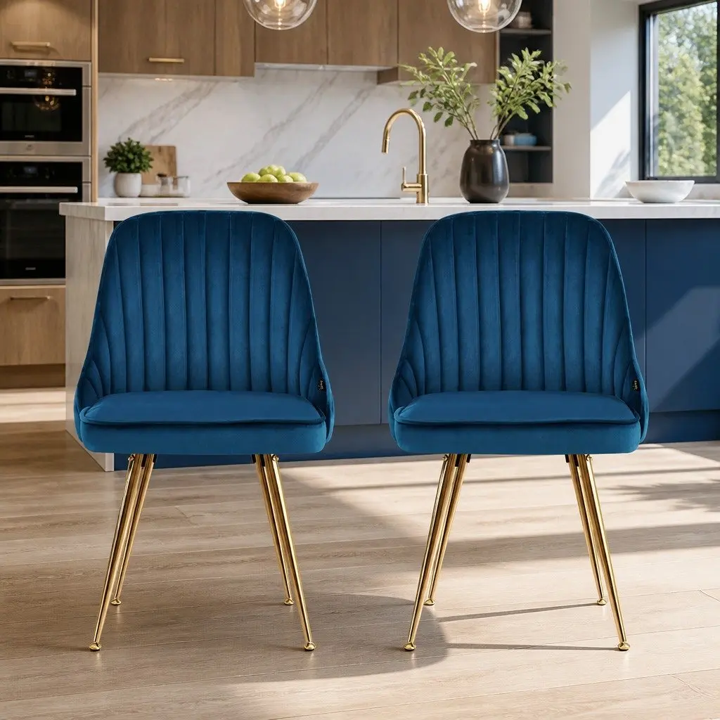 Dining Chairs Set of 2 Blue Velvet Upholstery Channel Tufted for Dining Room