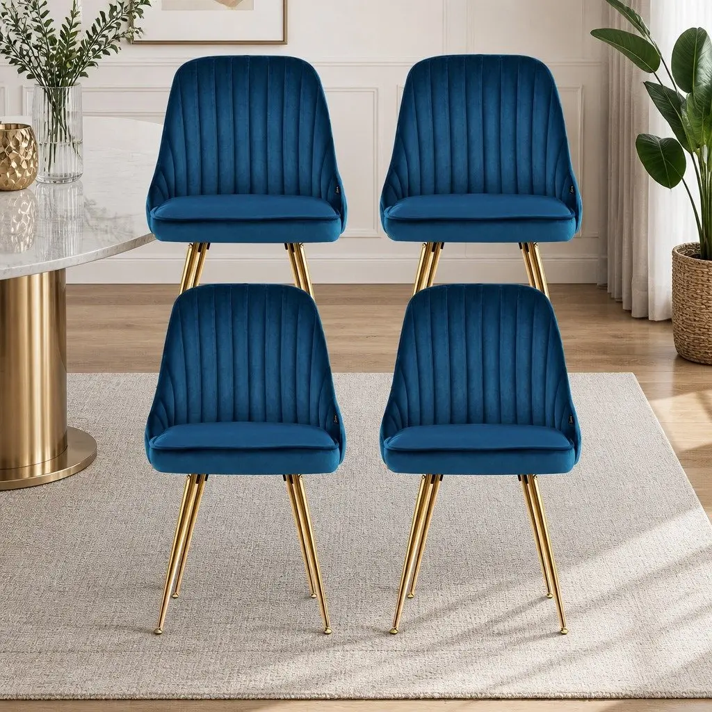 Dining Chairs Set of 4 Velvet Scallop Shell Back Blue 44cm W x 41cm D x 80cm H