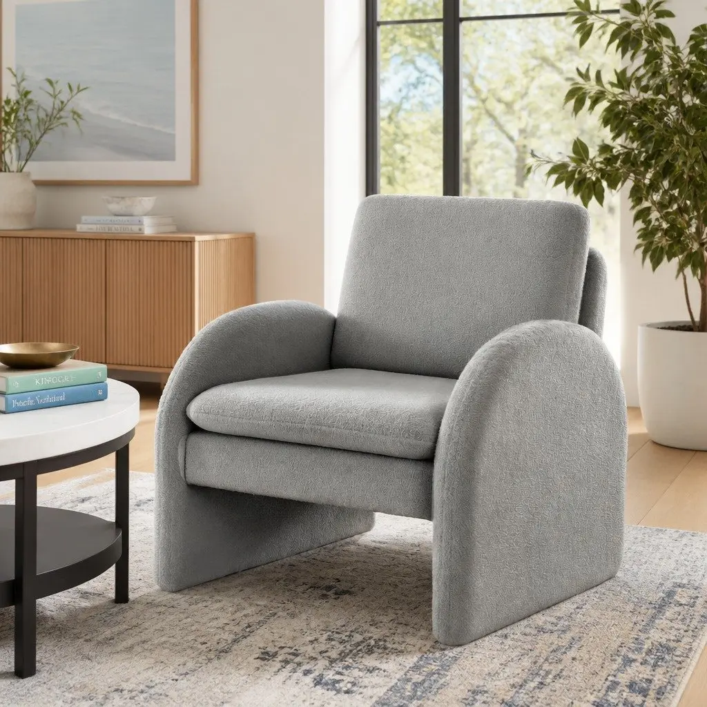 Accent Armchair Curved Grey Boucle Upholstered Lounge Chair with Thick Cushions and Pine Wood Frame