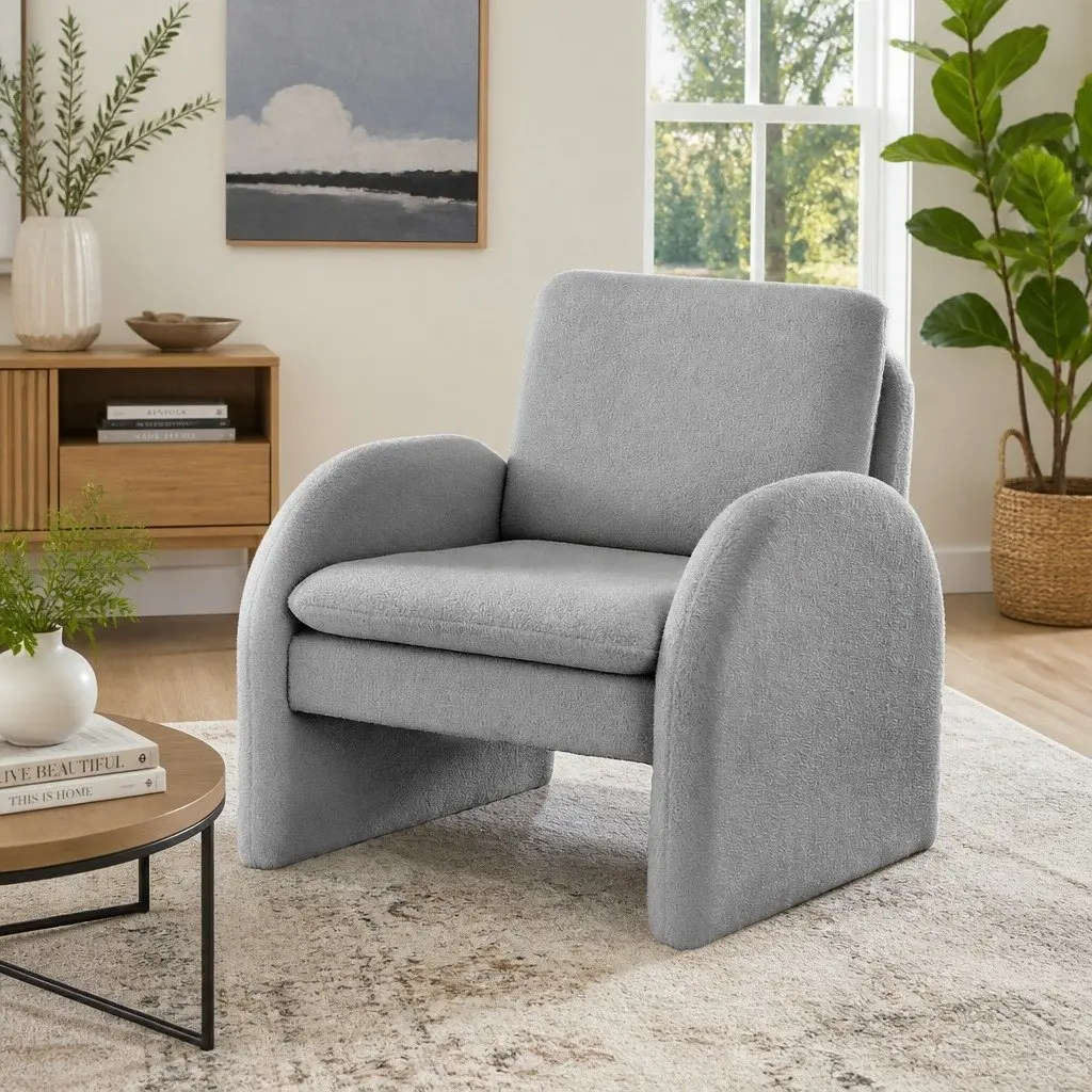 Accent Armchair Curved Grey Boucle Upholstered Lounge Chair with Thick Cushions and Pine Wood Frame