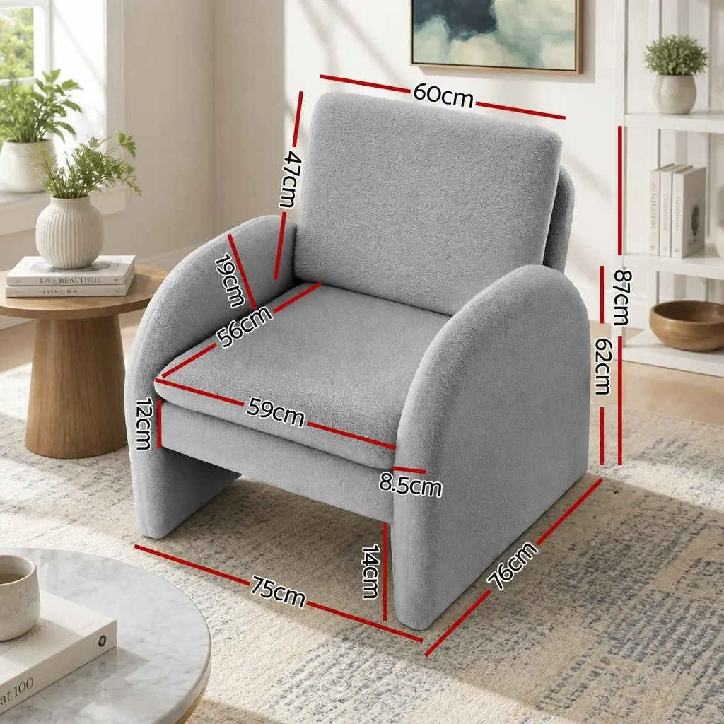 Accent Armchair Curved Grey Boucle Upholstered Lounge Chair with Thick Cushions and Pine Wood Frame