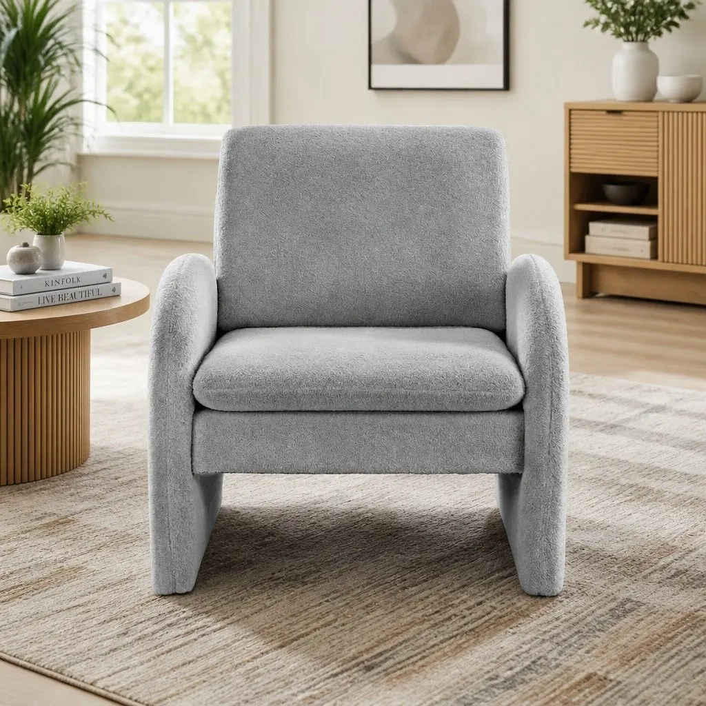Accent Armchair Curved Grey Boucle Upholstered Lounge Chair with Thick Cushions and Pine Wood Frame