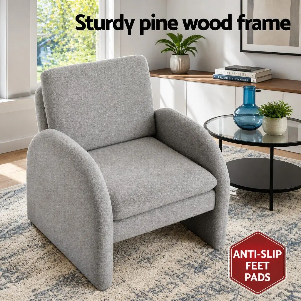 Accent Armchair Curved Grey Boucle Upholstered Lounge Chair with Thick Cushions and Pine Wood Frame