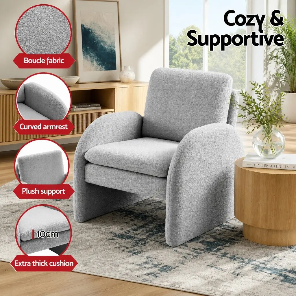 Accent Armchair Curved Grey Boucle Upholstered Lounge Chair with Thick Cushions and Pine Wood Frame