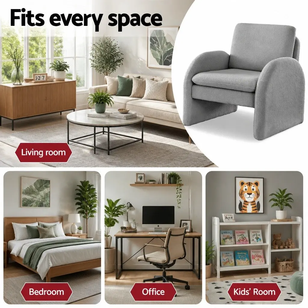 Accent Armchair Curved Grey Boucle Upholstered Lounge Chair with Thick Cushions and Pine Wood Frame