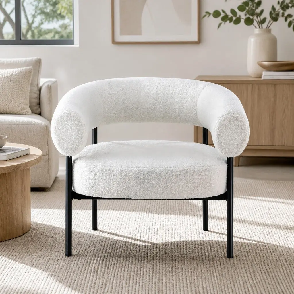 Curved White Boucle Accent Chair