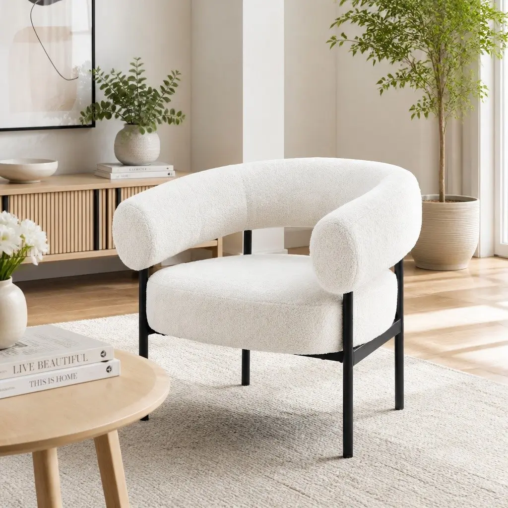 Curved White Boucle Accent Chair