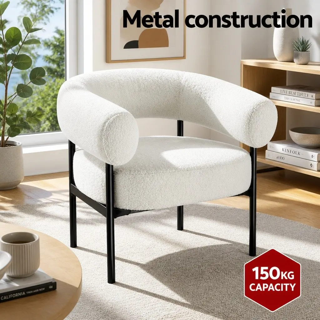 Curved White Boucle Accent Chair