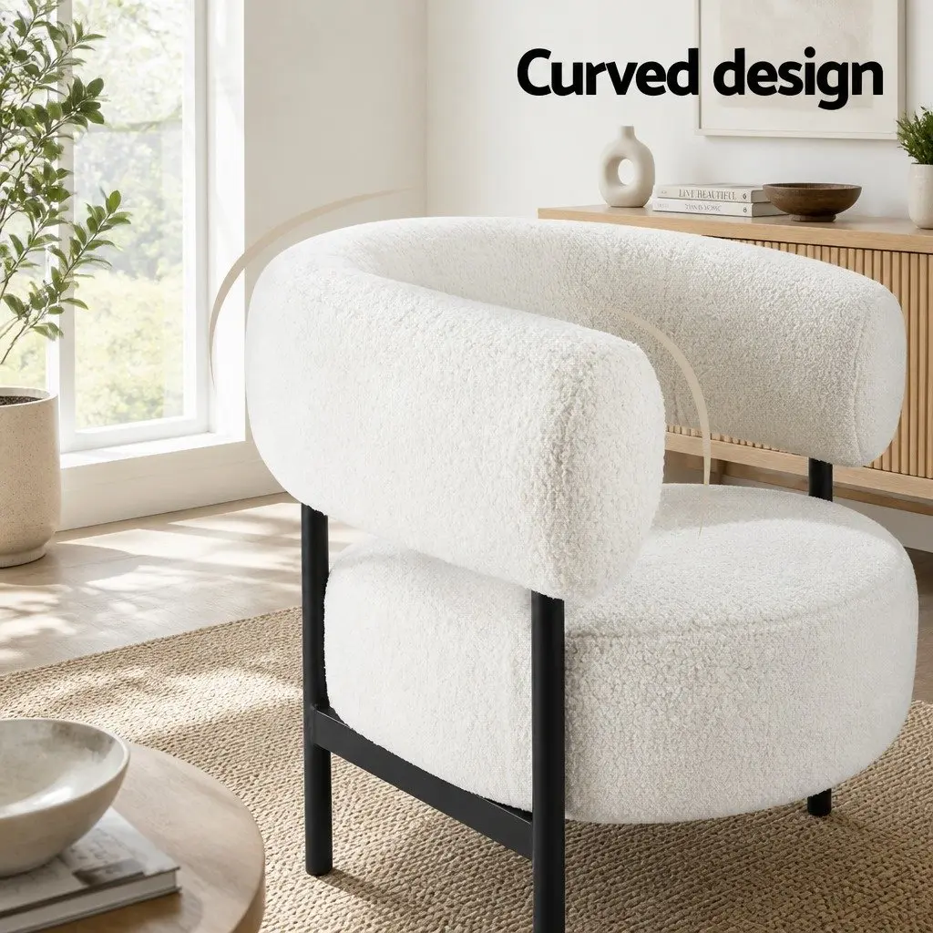 Curved White Boucle Accent Chair