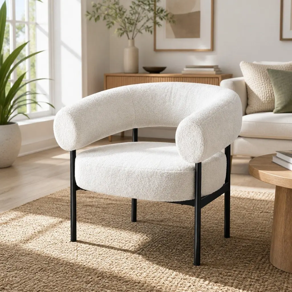 Curved White Boucle Accent Chair