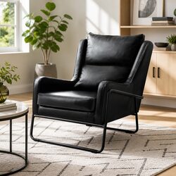 Black PU Leather Wingback Armchair with Metal Frame - 72cm W