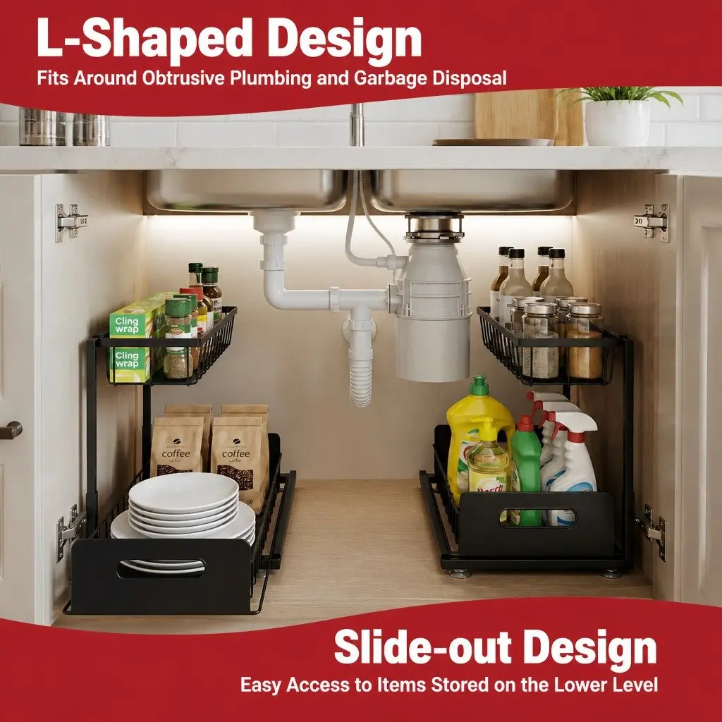 Under Sink Organizer L Shape Pull Out Drawers Kitchen Bathroom Cabinet Compact Size
