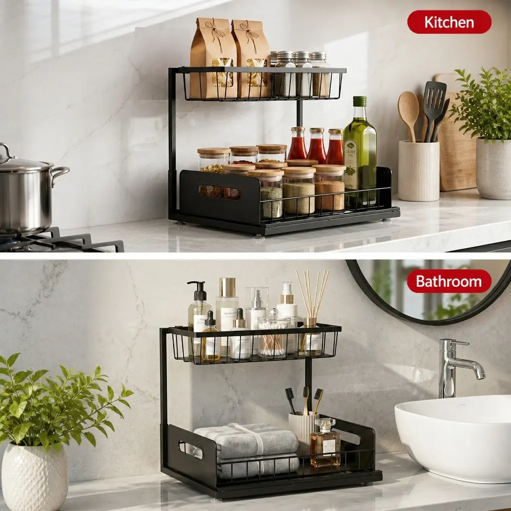 Under Sink Organizer L Shape Pull Out Drawers Kitchen Bathroom Cabinet Compact Size