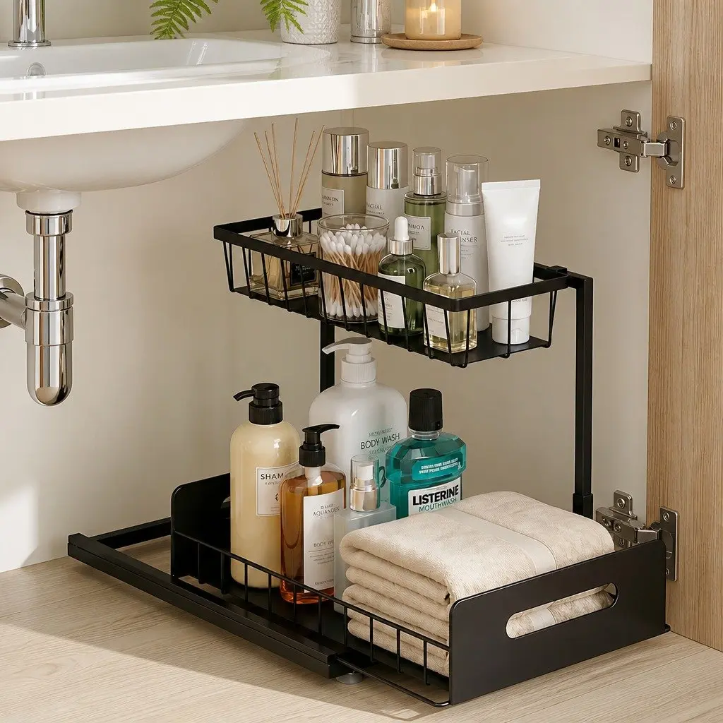 Under Sink Organizer L Shape Pull Out Drawers Kitchen Bathroom Cabinet Compact Size