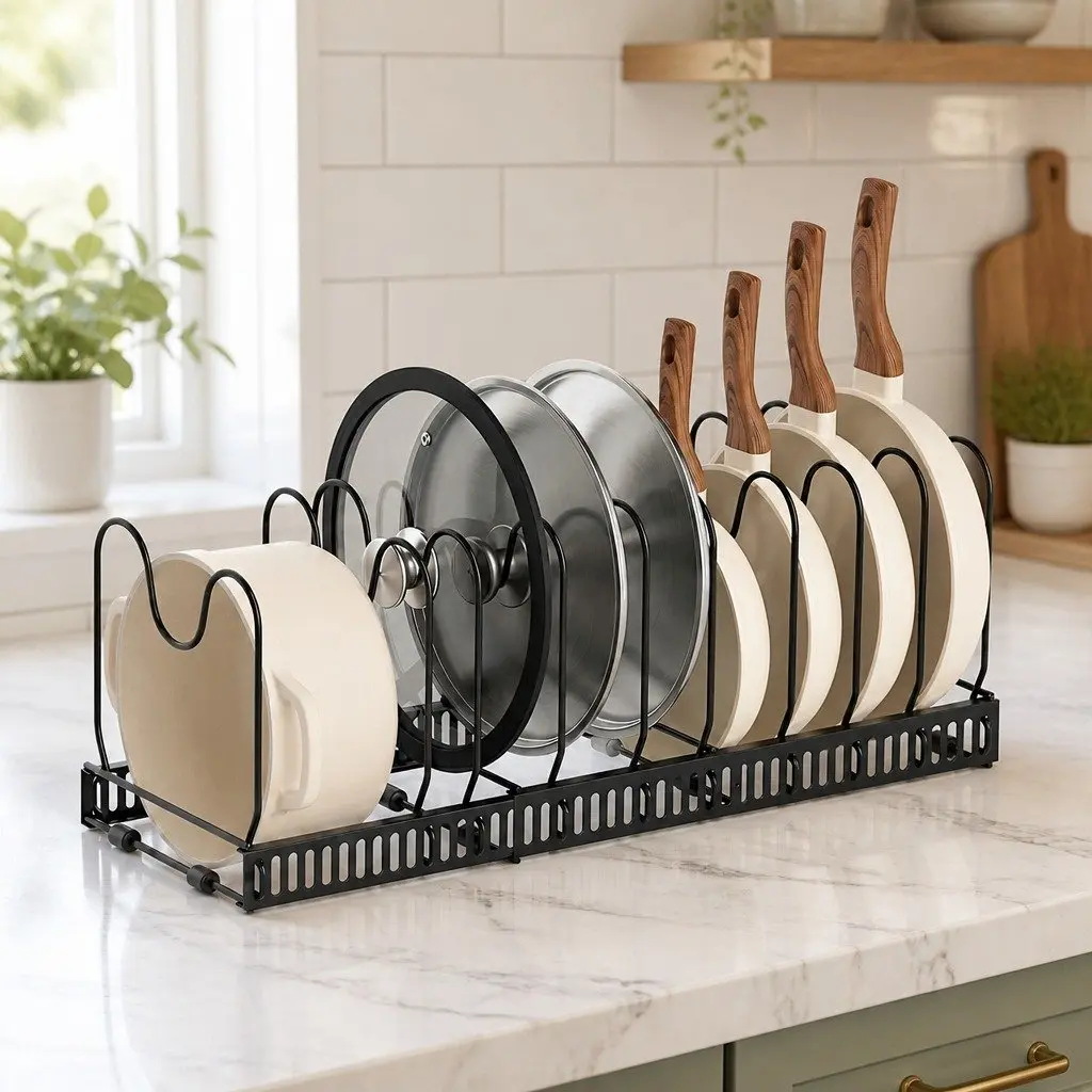 Expandable Pots and Pans Organizer Rack Kitchen Cabinet Cookware Holder Storage