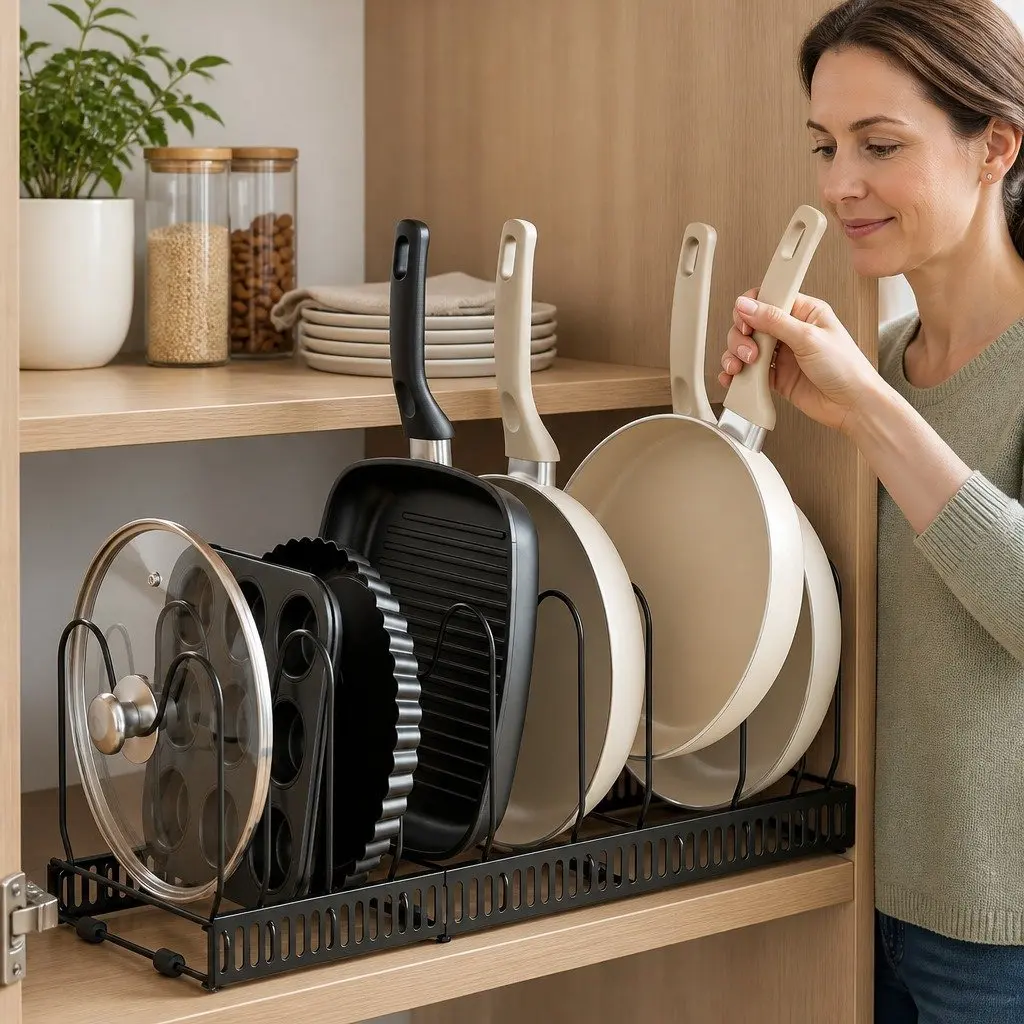 Expandable Pots and Pans Organizer Rack Kitchen Cabinet Cookware Holder Storage