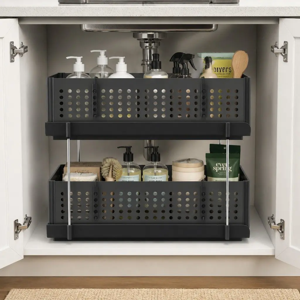 Under Sink Organizer Bathroom 2 Tier 21cm Width Black