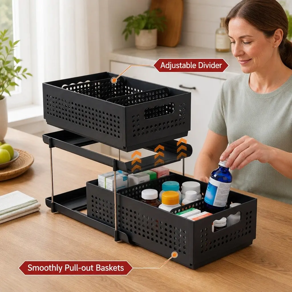 Under Sink Organizer Bathroom 2 Tier 21cm Width Black