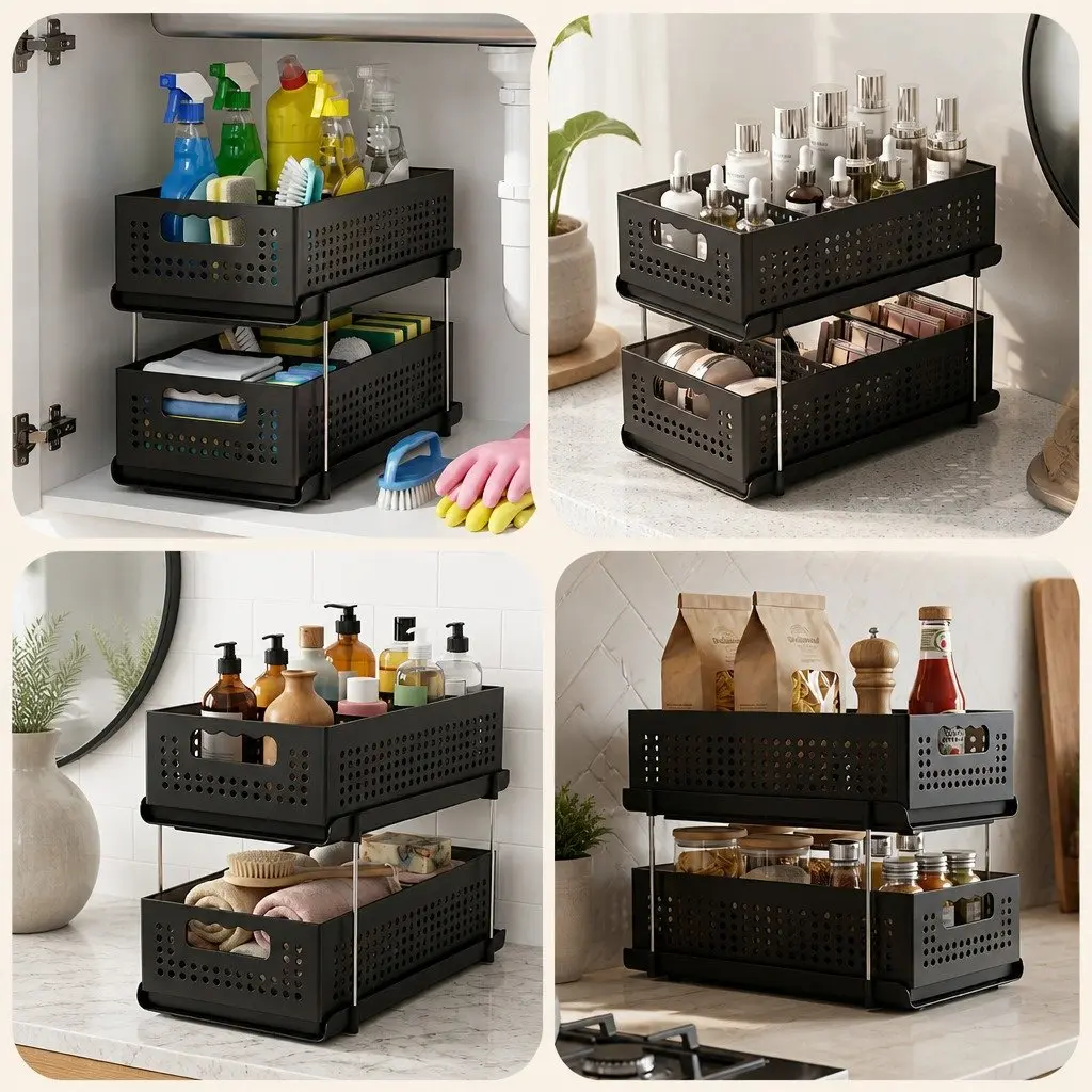Under Sink Organizer Bathroom 2 Tier 21cm Width Black