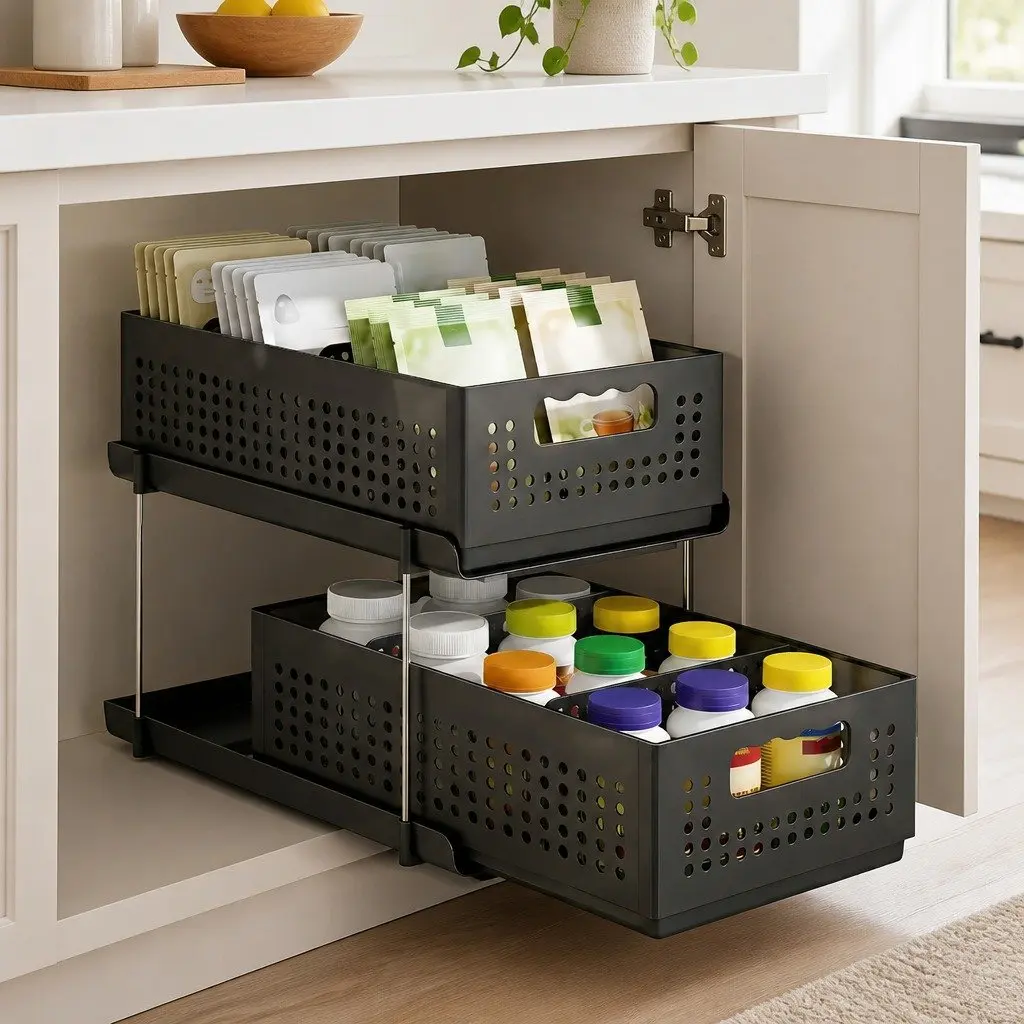 Under Sink Organizer Bathroom 2 Tier 21cm Width Black