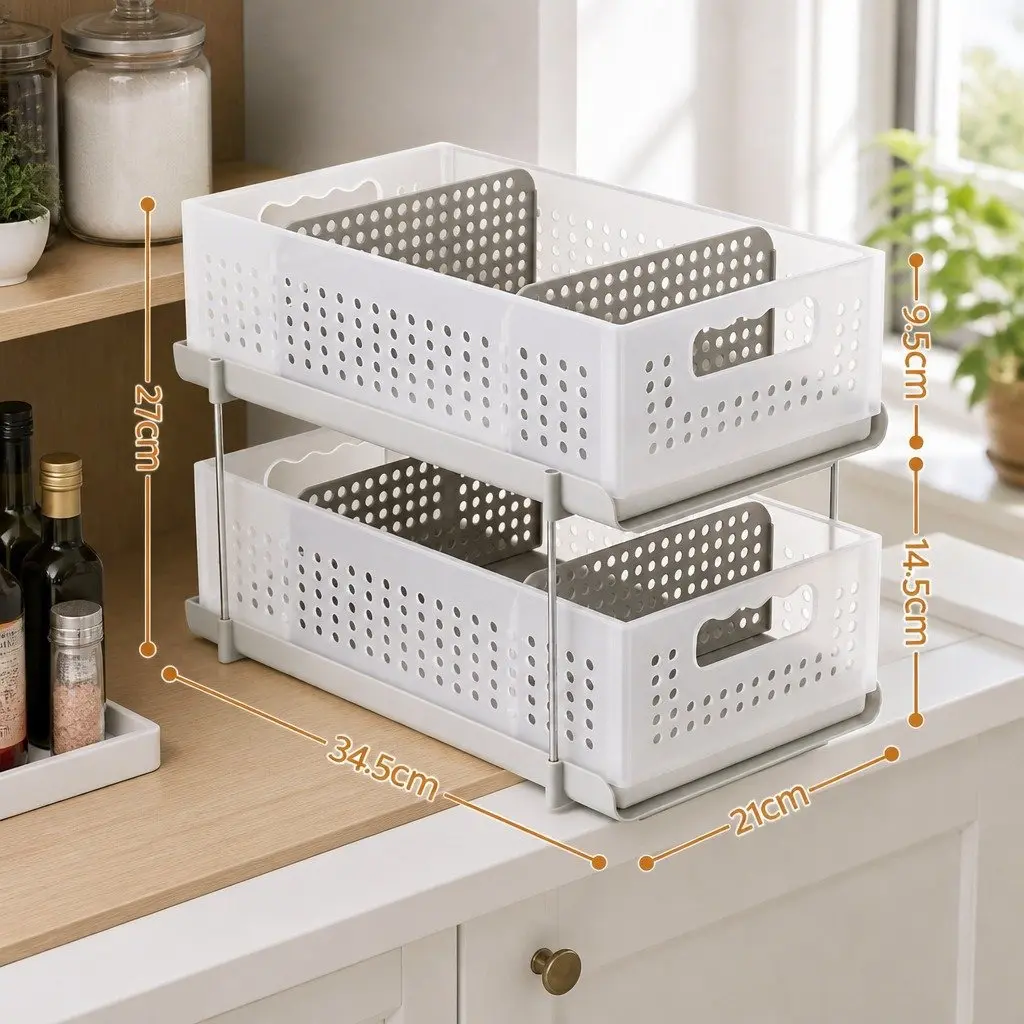 Under Sink Storage 2 Tier Pull Out Organizer Modular White 21cm