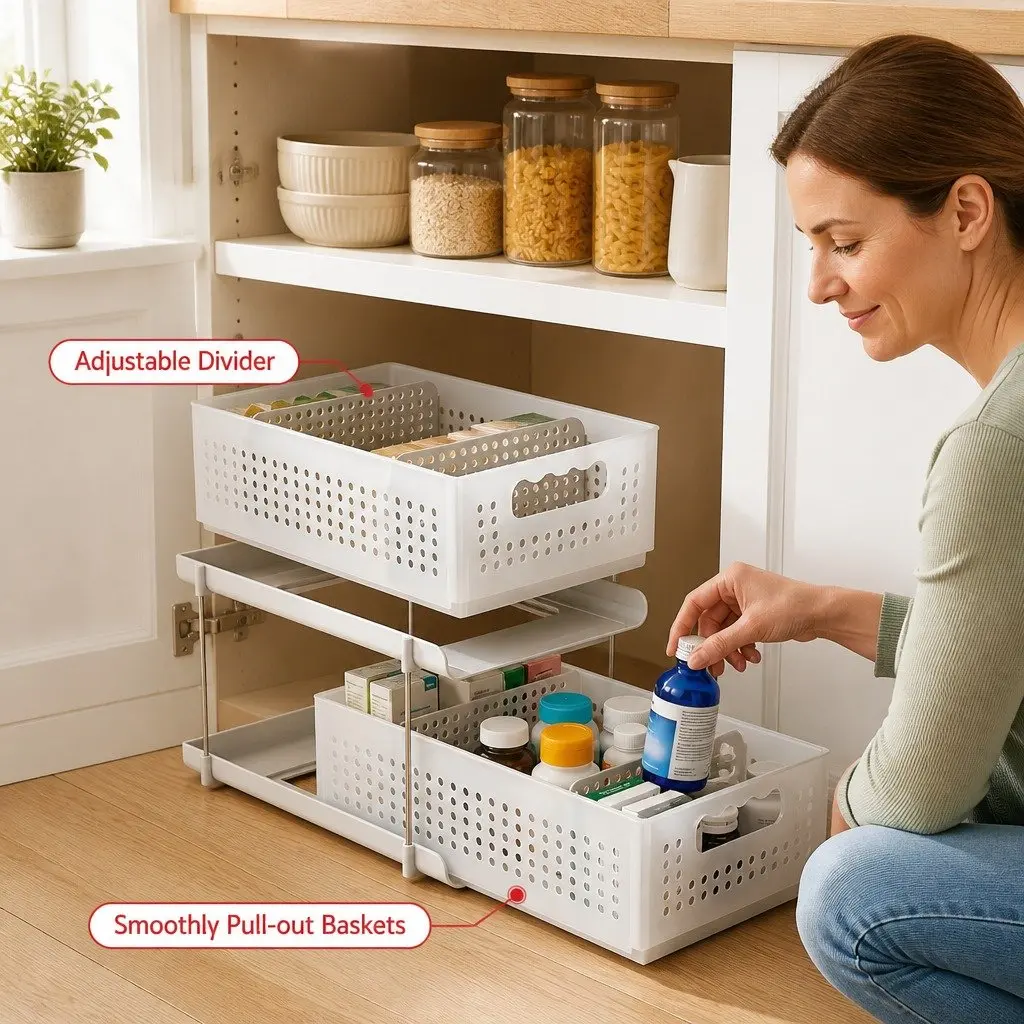 Under Sink Storage 2 Tier Pull Out Organizer Modular White 21cm