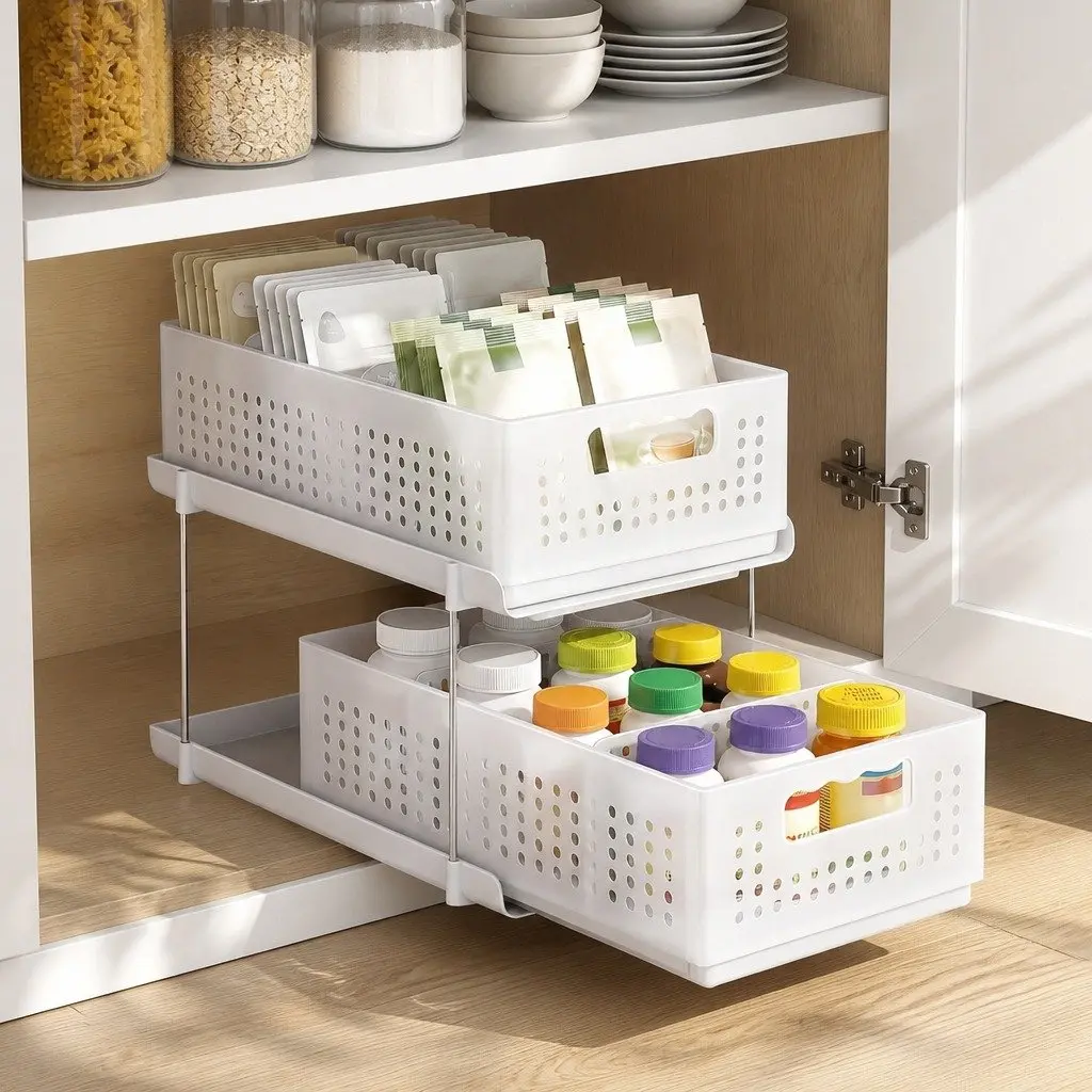 Under Sink Storage 2 Tier Pull Out Organizer Modular White 21cm
